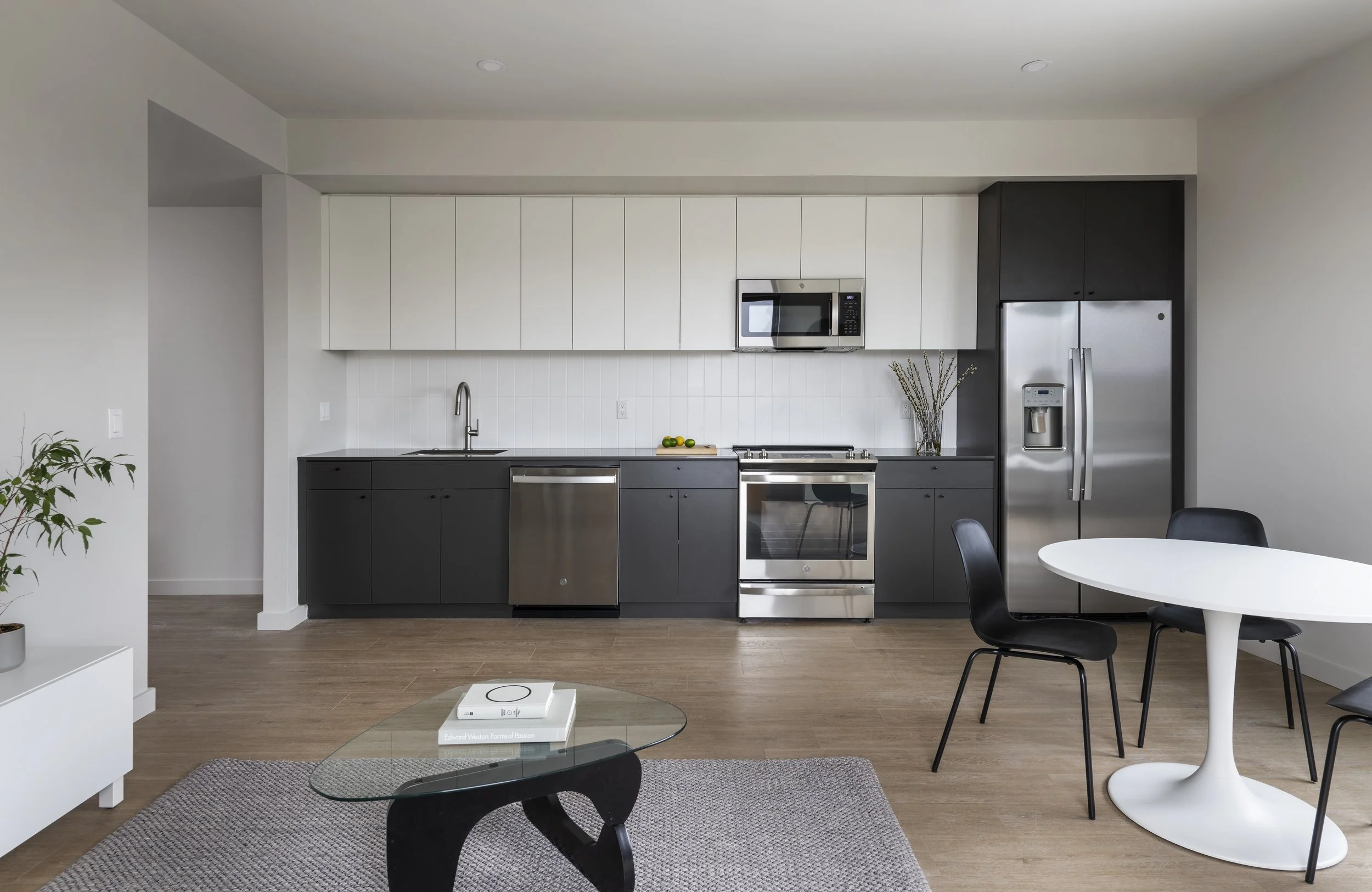 Modern apartment with open kitchen, living area with dark cabinets and stainless appliances